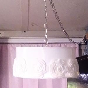 Rare vintage white satin hanging lamp. 55in round and 12in tall.